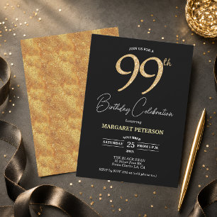 Elegant Black Gold Glitter 99th Birthday Party Invitation