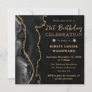 Elegant Black Gold Glitter Agate 21st Birthday Invitation
