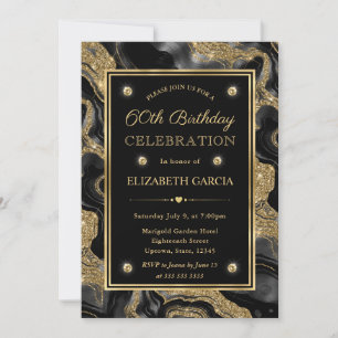 Elegant Black & Gold Glitter Agate 60th Birthday Invitation