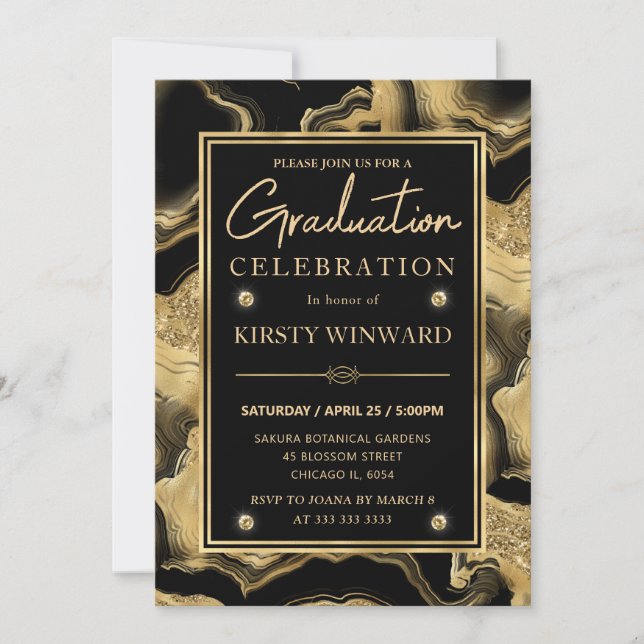 Elegant Black & Gold Glitter Agate Graduation Invitation (Front)