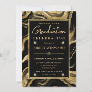 Elegant Black & Gold Glitter Agate Graduation Invitation
