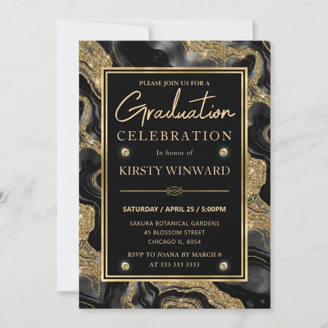 Elegant Black & Gold Glitter Agate Graduation Invitation (Front)