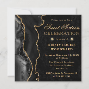 Elegant Black Gold Glitter Agate Sweet Sixteen Invitation
