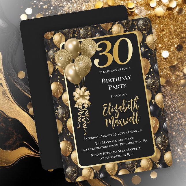 Elegant Black Gold Glitter Balloons 30th Birthday  Invitation (Elegant Black Gold-Tone Faux Glitter Balloons Pattern 30th Birthday Party Invitation 
Print Digital)