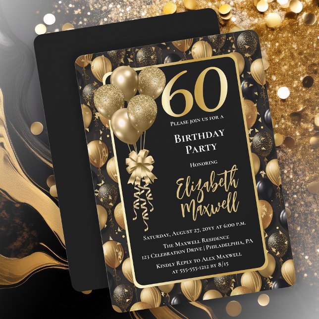 Elegant Black Gold Glitter Balloons 60th Birthday  Invitation (Elegant Black Gold-Tone Faux Glitter Balloons Pattern 60th Birthday Party Invitation 
Print Digital)