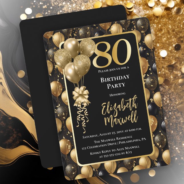 Elegant Black Gold Glitter Balloons 80th Birthday  Invitation (Elegant Black Gold-Tone Faux Glitter Balloons Pattern 80th Birthday Party Invitation 
Print Digital)