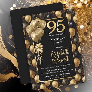 Elegant Black Gold Glitter Balloons 95th Birthday Invitation