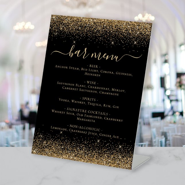 Elegant Black Gold Glitter Bar Menu Pedestal Sign (Creator Uploaded)