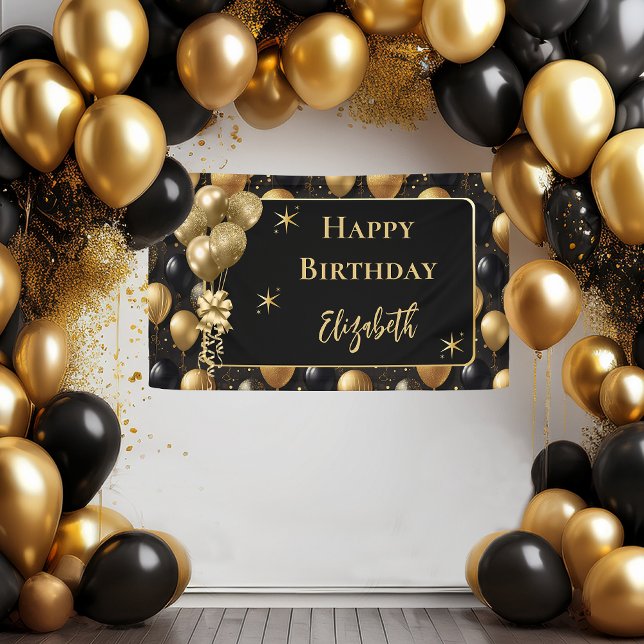  Elegant Black Gold Glitter Birthday Balloons Banner (Elegant Black and Gold Faux Glitter Balloons Pattern A021 "Happy Birthday" [Name] Party Banner)