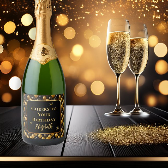  Elegant Black Gold Glitter Birthday Balloons Sparkling Wine Label (Elegant Black Gold Faux Glitter Balloons "Cheers to Your Birthday" [Name] Sparkling Wine Label)
