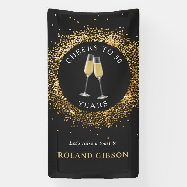 Elegant Black & Gold Glitter Birthday Banner (Vertical)