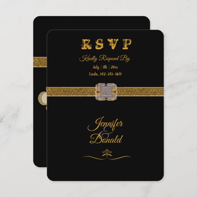 Elegant Black Gold Glitter Brooch  RSVP Card (Front/Back)