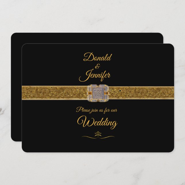 Elegant Black Gold Glitter Brooch Wedding Invitation (Front/Back)