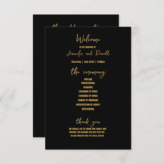 Elegant Black Gold Glitter Brooch Wedding Program Announcement (Front/Back)