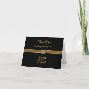 Elegant Black Gold Glitter Brooch Wedding Thank You Card