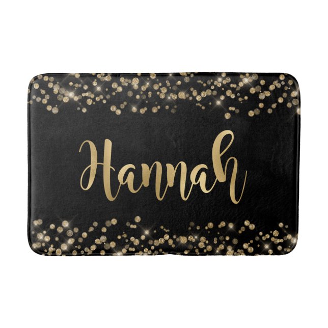 Elegant Black Gold Glitter Confetti Gold Name Bath Mat (Front)