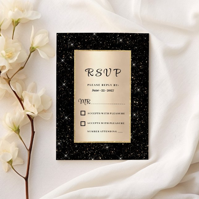 Elegant black gold glitter confetti RSVP  Invitation (Elegant black gold glitter confetti RSVP )