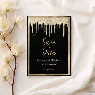 Elegant black gold glitter drips Save the Date  Invitation