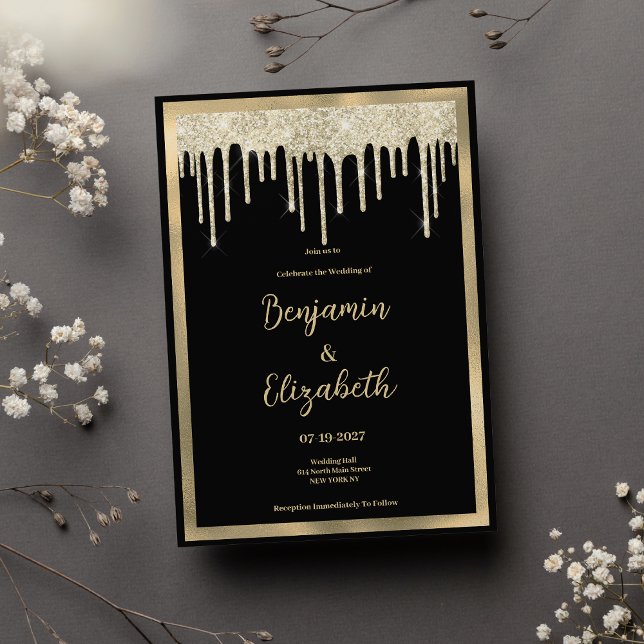 Elegant black gold glitter drips Wedding Invitation (Elegant black gold glitter drips Wedding)