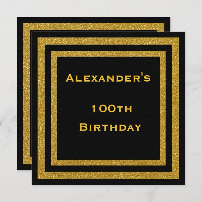 Elegant Black & Gold Glitter Framed 100th Birthday Invitation (Front/Back)