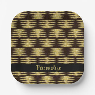 Elegant Black Gold Glitter Geometric Pattern Paper Plate