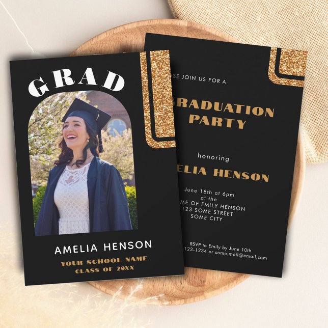 Elegant Black Gold Glitter Grad Photo Graduation Invitation (Creator Uploaded)