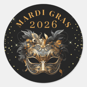 Elegant Black Gold Glitter Mardi Gras 2026 Classic Round Sticker