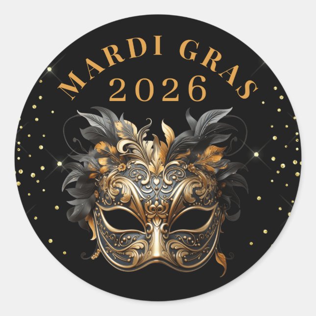 Elegant Black Gold Glitter Mardi Gras 2026 Classic Round Sticker (Front)