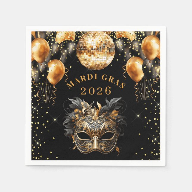 Elegant Black Gold Glitter Mardi Gras 2026 Napkin (Front)
