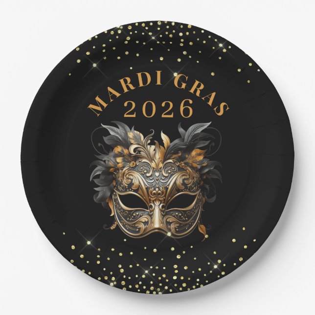 Elegant Black Gold Glitter Mardi Gras 2026 Paper Plate (Front)