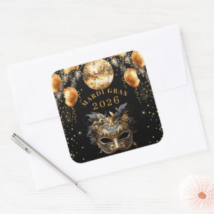Elegant Black Gold Glitter Mardi Gras 2026 Square Sticker