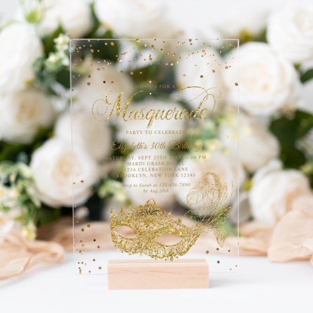 Elegant Black Gold Glitter Masquerade Birthday Acrylic Invitations (Creator Uploaded)