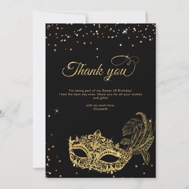 Elegant Black Gold Glitter Masquerade Thank You (Front)