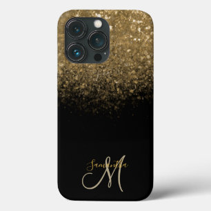 Elegant Black & Gold Glitter Monogram iPhone 13 Pro Case