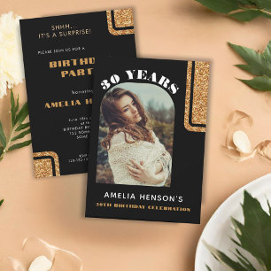 Elegant Black Gold Glitter Photo 30th Birthday Invitation