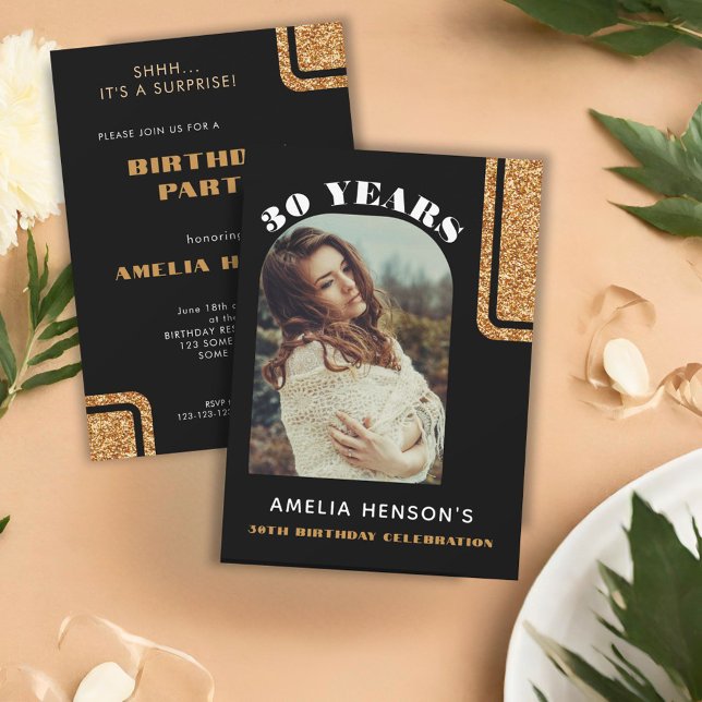 Elegant Black Gold Glitter Photo 30th Birthday Invitation (Creator Uploaded)