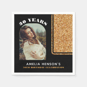 Elegant Black Gold Glitter Photo 30th Birthday Napkin