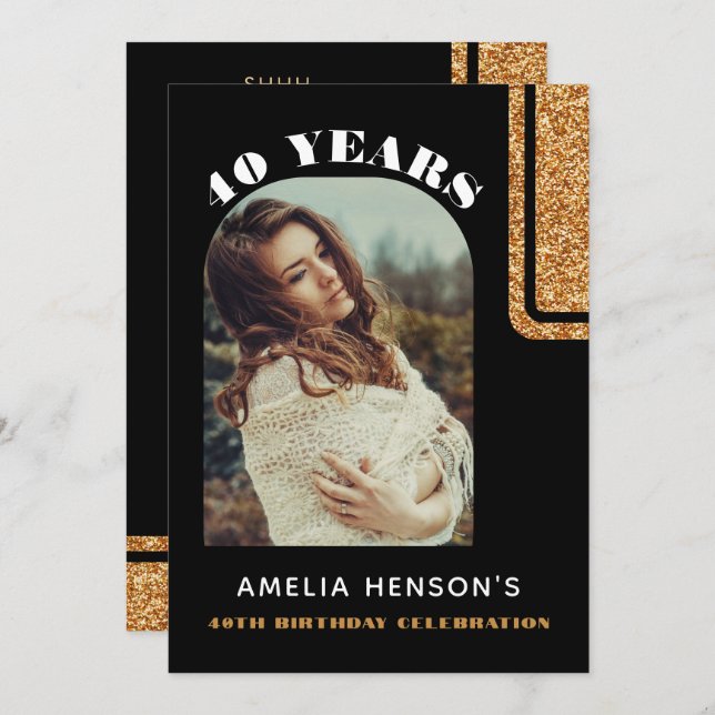 Elegant Black Gold Glitter Photo 40th Birthday Invitation (Front/Back)