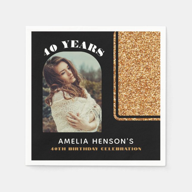 Elegant Black Gold Glitter Photo 40th Birthday  Napkin (Front)