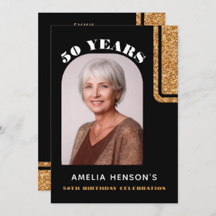 Elegant Black Gold Glitter Photo 50th Birthday Invitation