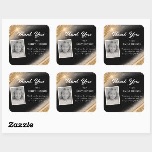 Elegant Black Gold Glitter Photo Birthday Square Sticker