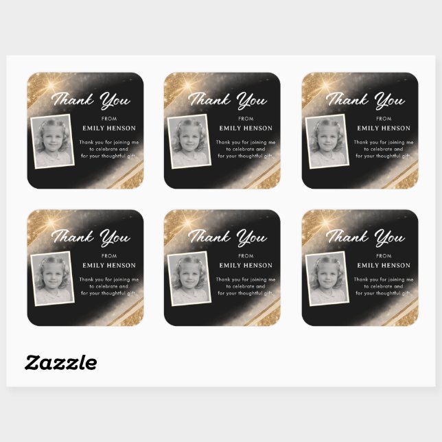 Elegant Black Gold Glitter Photo Birthday Square Sticker (Sheet)