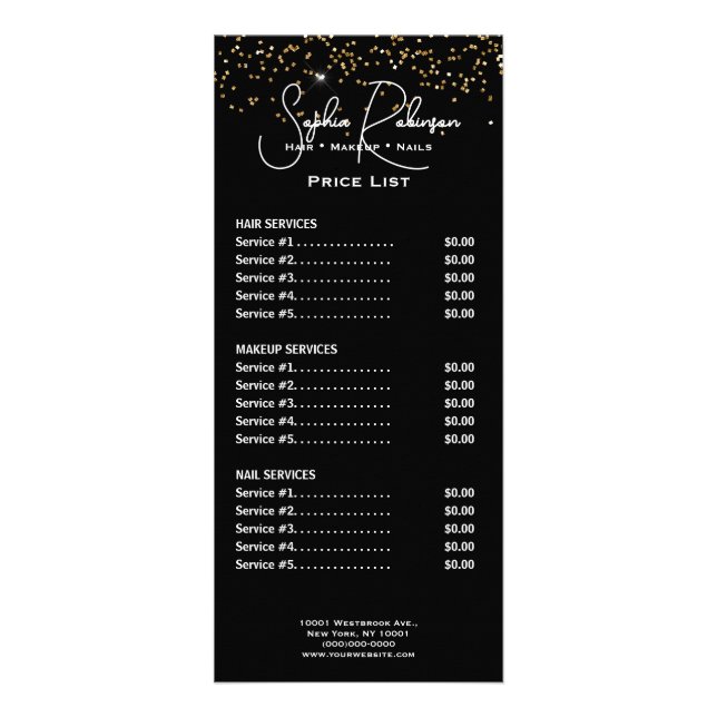 Elegant Black & Gold Glitter Price List Rack Card (Front)