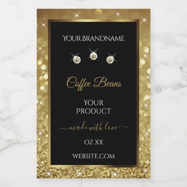 Elegant Black Gold Glitter Product Labels Jewels (Single Label)