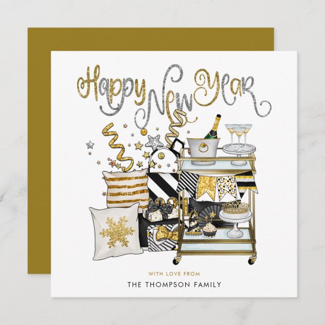 Elegant Black Gold Glitter Script Happy New Year Holiday Card (Front/Back)