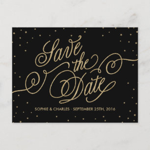 Elegant Black & Gold Glitter Stars Save the Date Announcement Postcard