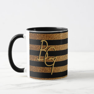 Elegant Black Gold Glitter Stripe Monogram Custom Mug