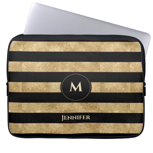 Elegant Black Gold Glitter Striped Monogram  Laptop Sleeve (Front)