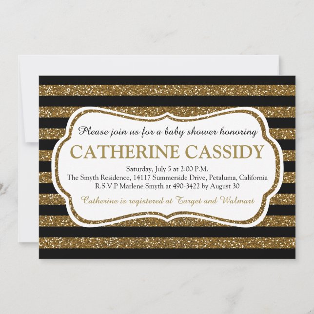 Elegant Black & Gold Glitter Stripes Baby Shower Invitation (Front)
