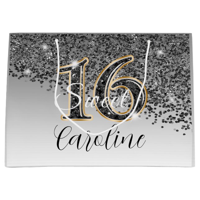 Elegant Black & Gold Glitter Sweet 16 Birthday Large Gift Bag (Front)